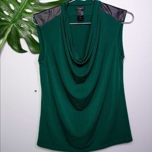 Ann Taylor Green Faux Leather Yoke Cowl Neck Top